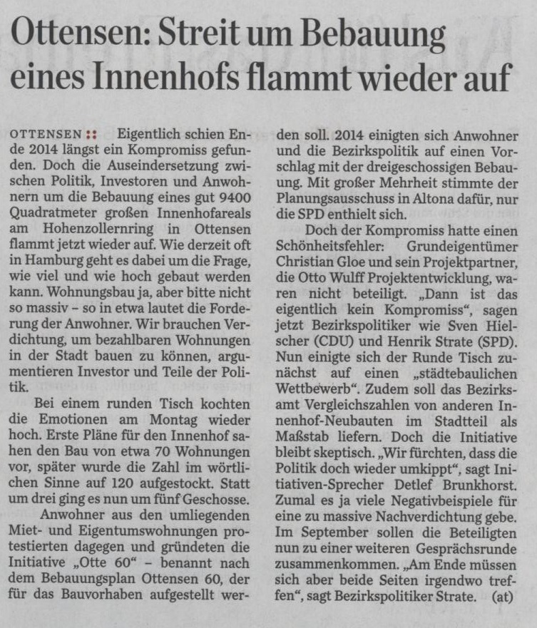 Hamburger Abendblatt 8. Juli 2015 S.12 Streit um Bebauung eines Innenhofs flammt wieder auf